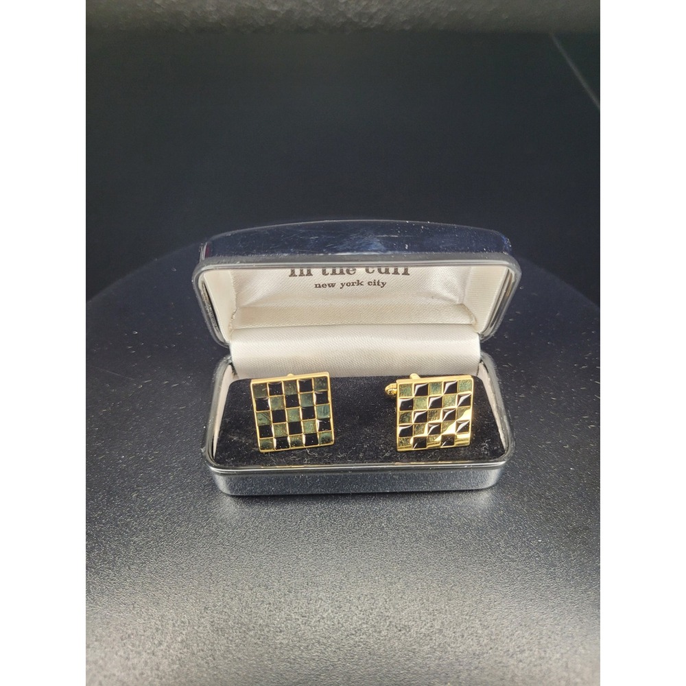 In the Cuff New York City Cufflinks Gold Tone Black Green Checkerboard Excellent